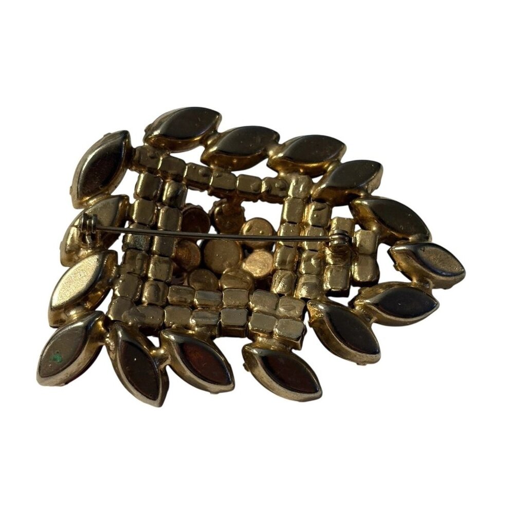 VTG Red Brooch Pin Navette and Round Rhinestone Gold Tone Large Statement Chunky - Picture 3 of 16